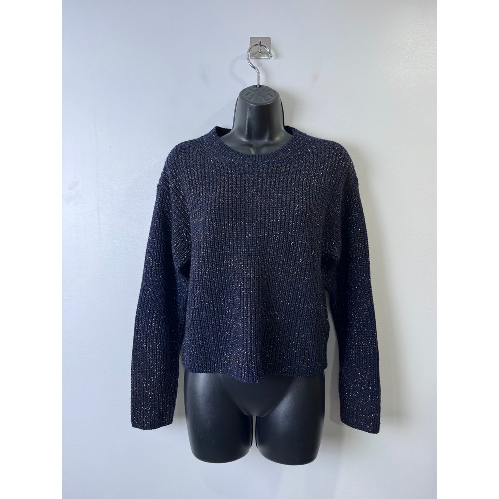 rag & bone Women Leyton Navy Blue Metallic Merino Wool Ribbed Knit Sweater XS